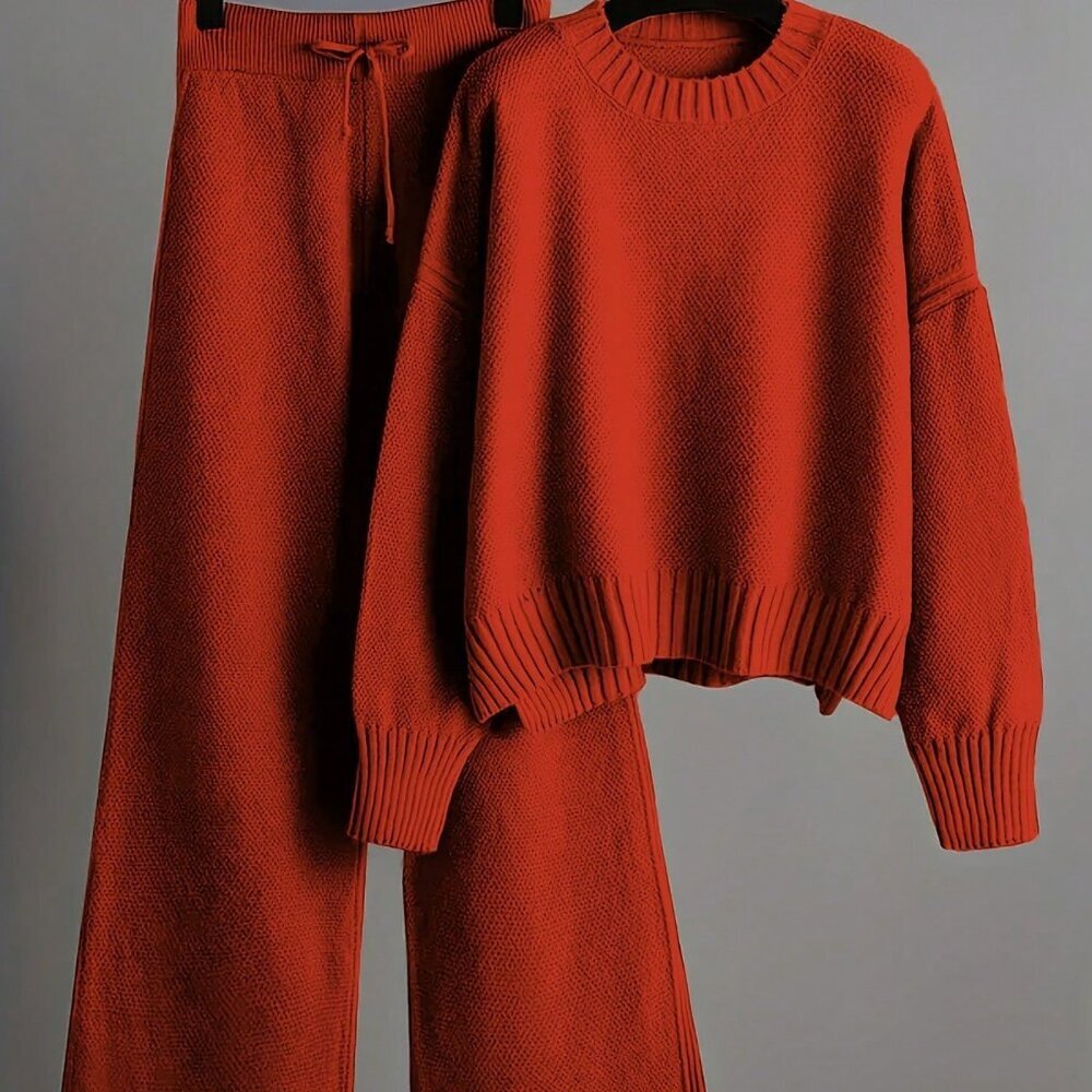 Red Casual Women's Long Sleeve Sweater and Wide Pants Two-Piece Set